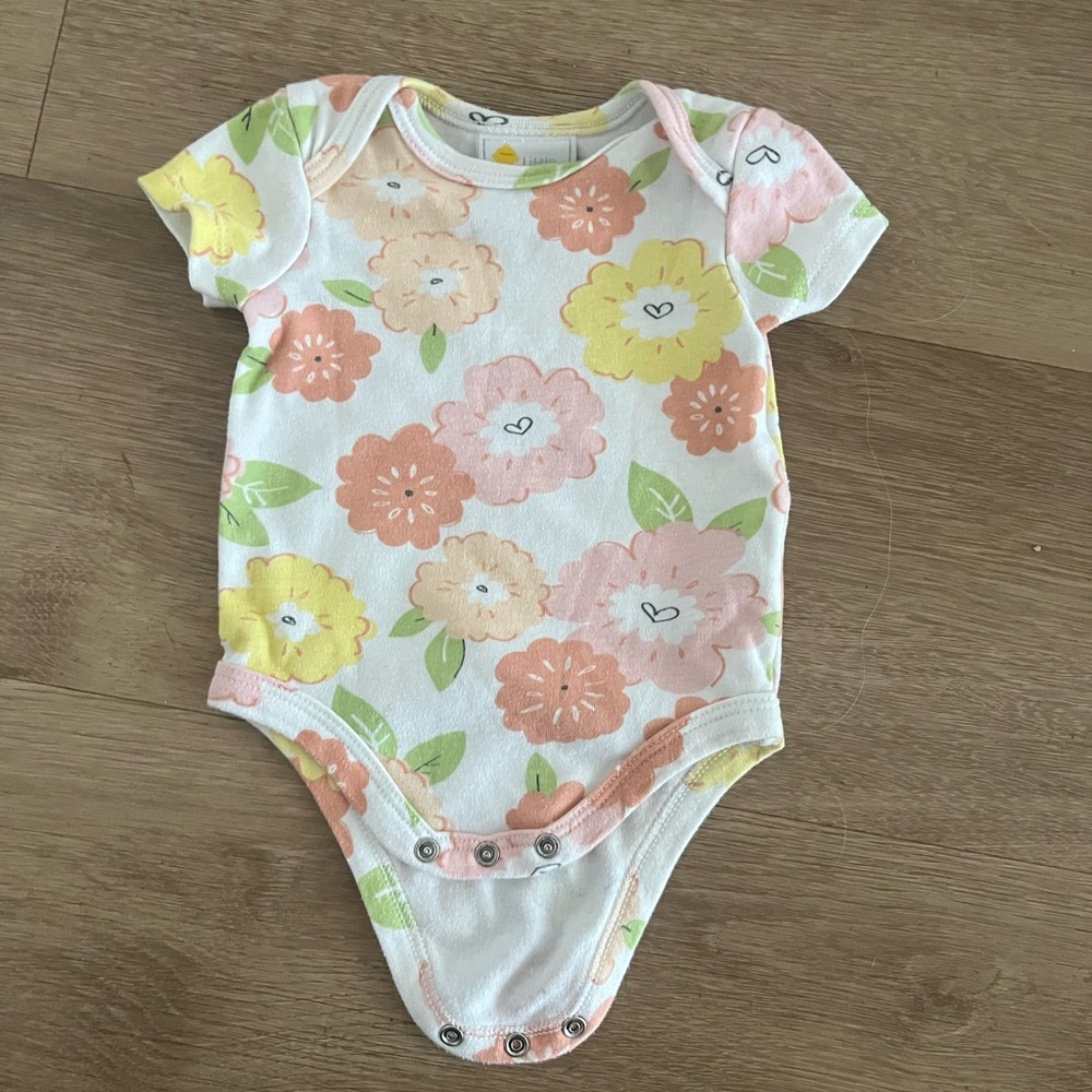 Floral Short-Sleeve Baby One-Piece - Peach, Yellow & Green